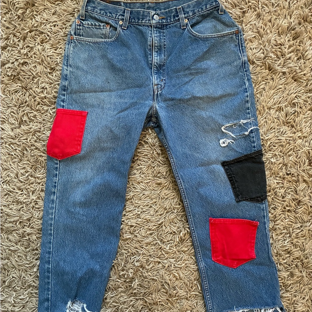 Patchwork Levi Distressed Jeans with Red and Black Accents